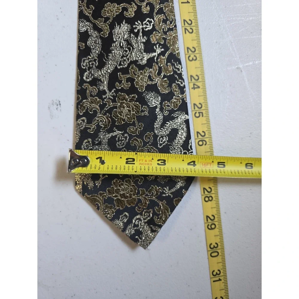 Nanjing Yun Brocade Research Institute Mens Black Gold Metallic Silk Dragon Tie